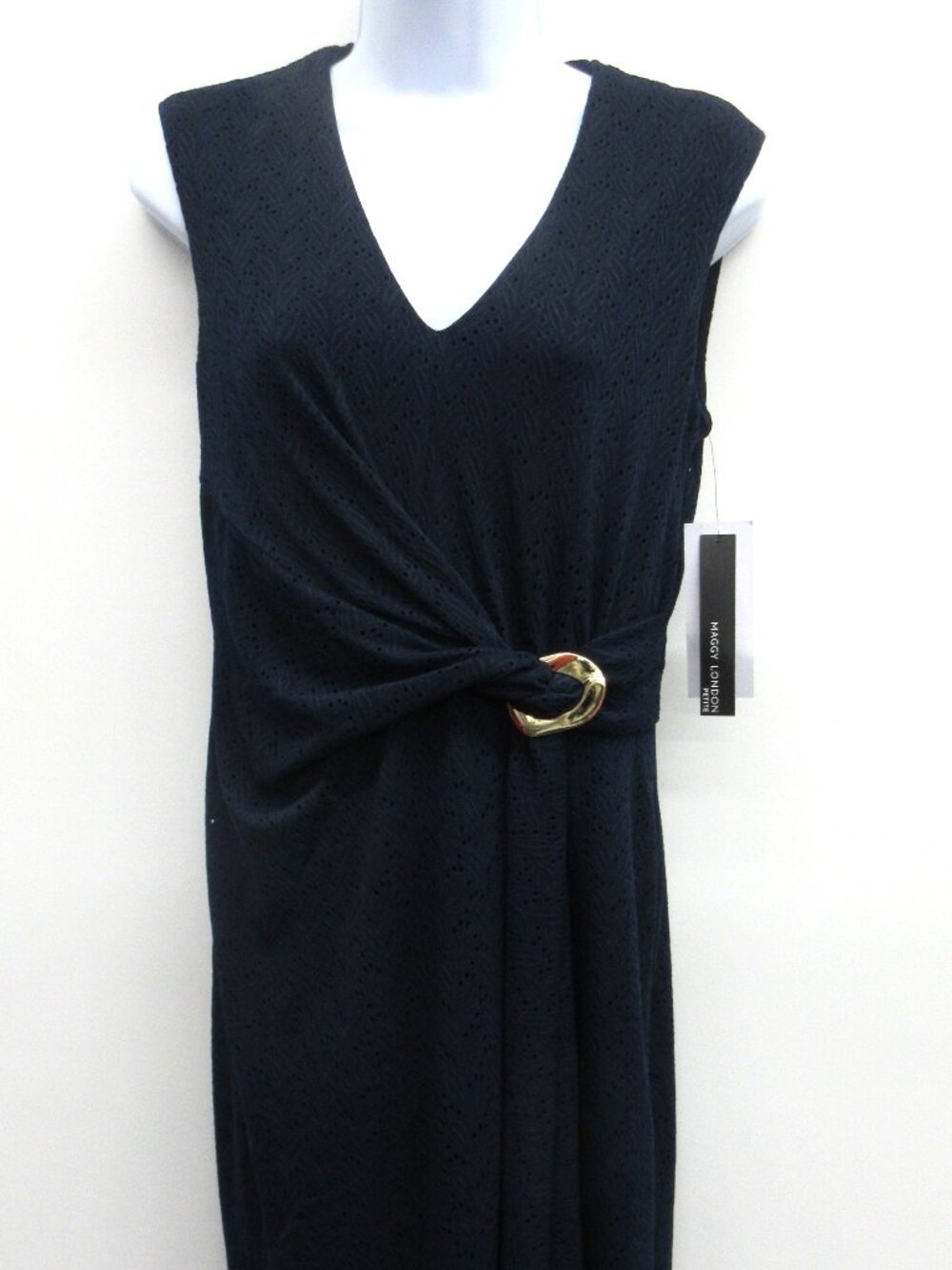 MAGGY LONDON ARIEL 2P DRESS GIANNA SURPLICE NECK SHEATH MIDI KNEE LENGTH NAVY